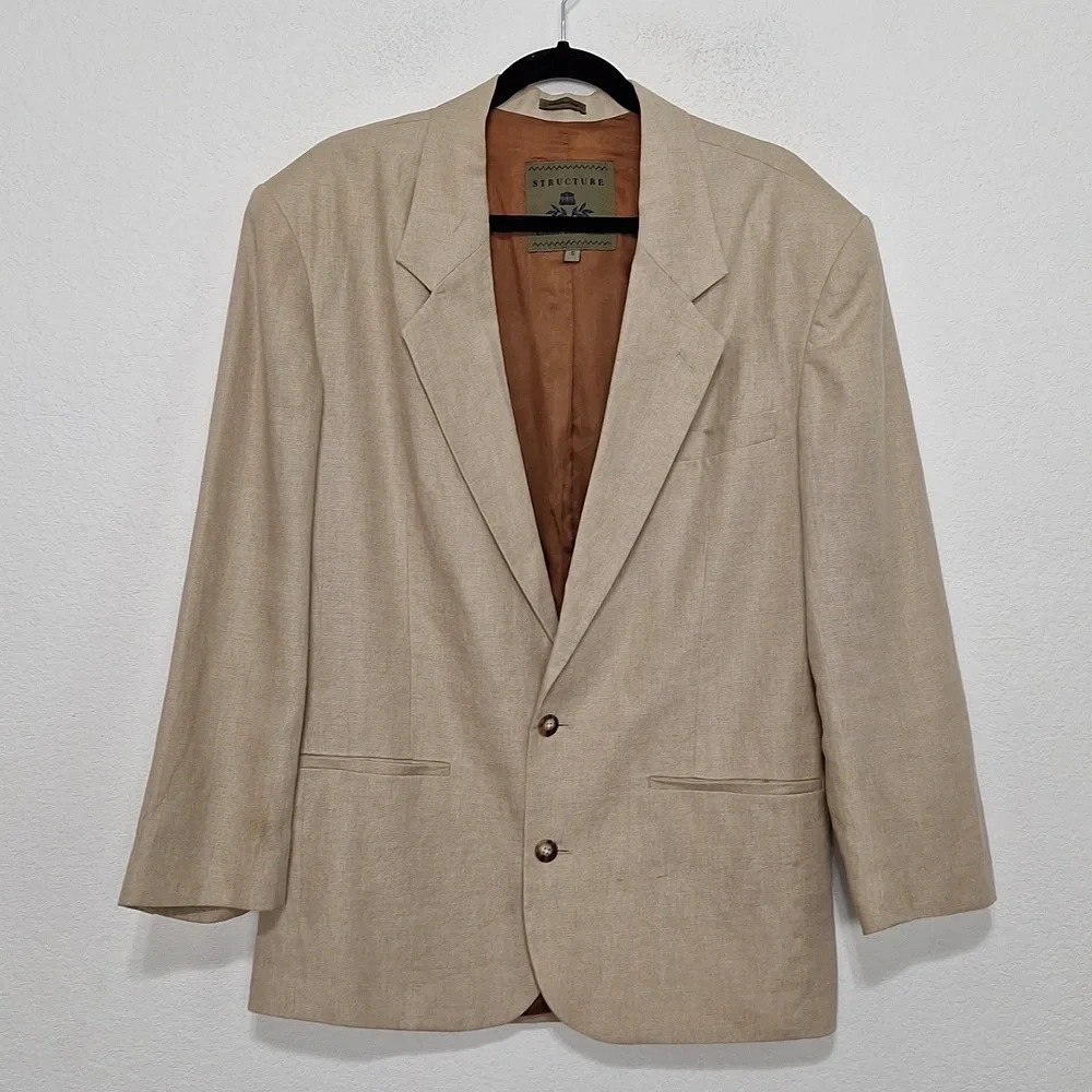 Structure Men's Tan Linen Preppy Careerwear 2 Button Front Blazer Jacket Size S